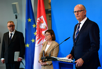 Brandenburgs Ministerpräsident Dietmar Woidke (SPD) bei der Pressekonferenz am 15. April.