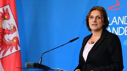 Die damalige Brandenburger Bildungsministerin Britta Ernst (SPD) im Mai 2020 bei einer Pressekonferenz des Landes zu Corona-Maßnahmen. 