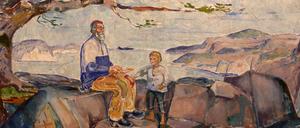 Munchs Allegorie auf die Geschichtswissenschaft zeigt einen blinden Fischer in einer Fjordlandschaft, der sein Wissen an einen Jungen weitergibt.