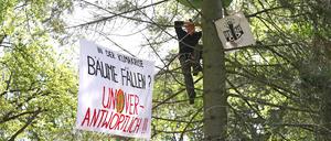 Jakob Drews studiert Geoökologie an der Universität Potsdam. Am Donnerstag kletterte er mit anderen Studierenden in Golm auf Bäume, um deren Fällung zu verhindern.