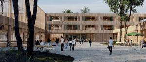 So sieht der Siegerentwurf für das neue Gymnasium Bornstedt an der Pappelallee aus. Die Eröffnung der neuen Potsdamer Schule  ist für 2027 geplant. 