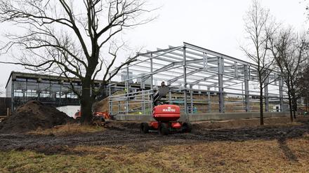Bau einer temporären Sporthalle für die "Schule am Schloss" auf dem Wirtschaftshof südlich der Biosphäre Potsdam