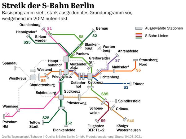 Streik der S-Bahn Berlin - Basisprogramm sieht stark ausgedünntes Grundprogramm vor, weitgehend im 20-Minuten-Takt