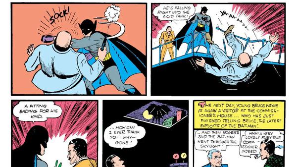 Eine Szene aus „Detective Comics“ 27 mit Batmans erstem Comic-Abenteuer.