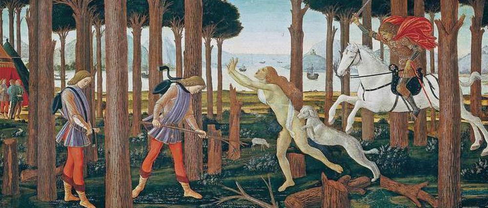 Jäger und Beute: Das erste Bild des grausamen allegorischen Zyklus' „Das Gastmahl des Nastagio degli Onesti“ (1487, Prado) von Botticelli.