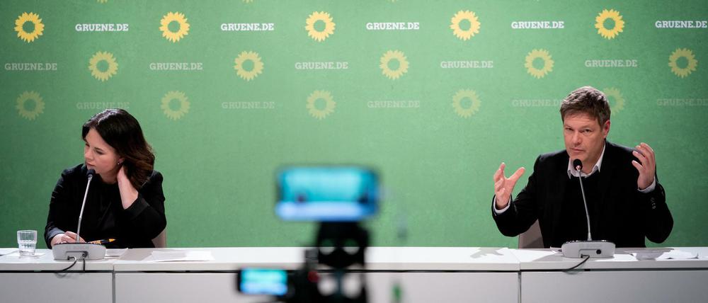 Digitales Duo: Annalena Baerbock oder Robert Habeck auf der Jahresauftakt-Pressekonferenz der Grünen.