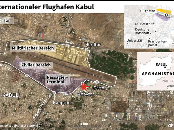 Karte des Flughafens in Kabul, wo sich die erste Explosion ereignet hat. 
