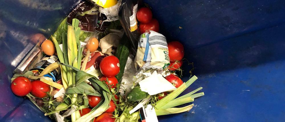 Weggeschmissene Lebensmittel liegen in einer Mülltonne. 