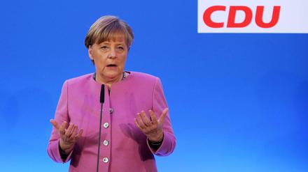 Die Bundeskanzlerin und CDU-Vorsitzende Angela Merkel spricht vor der Klausurtagung des CDU-Bundesvorstandes in Mainz über die Übergriffen von Köln.
