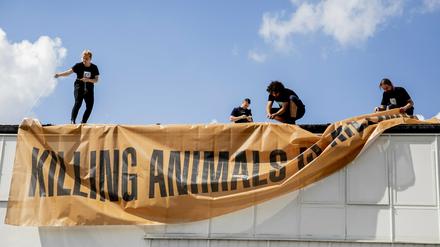 Tierschutzaktivisten entfernen im Beisein eines Polizisten bei einer Blockade des Wiesenhof-Schlachthofs in Niederlehme ein Banner.