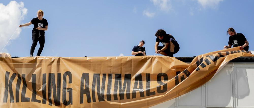 Tierschutzaktivisten entfernen im Beisein eines Polizisten bei einer Blockade des Wiesenhof-Schlachthofs in Niederlehme ein Banner.