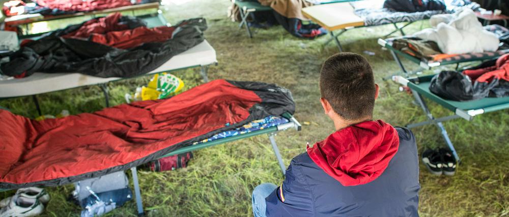 Ein Asylbewerber aus Albanien sitzt in einem Gruppenzelt auf dem Gelände der Zentralen Erstaufnahmestelle in Eisenhüttenstadt.