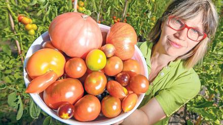 Farbspiel. Benedicta von Branca zeigt eine kleine Auswahl ihrer verschiedenen Tomatensorten. 220 verschiedene Nachtschattengewächse baut sie auf ihrem Demeterhof an.