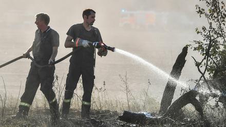 Feuerwehrmänner löschen Glutnester an einem Feldrand bei Storkow. 