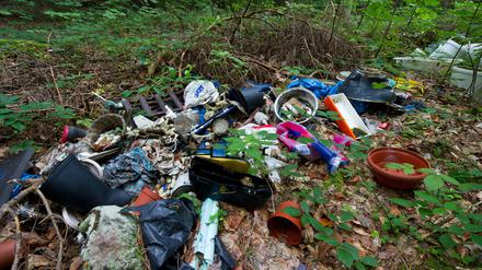 Illegal entsorgter Müll liegt in einem Wald im Norden Brandenburgs.