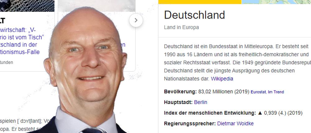 Panne bei Wikipedia Anfang Juli 2020: Brandenburgs Ministerpräsident Dietmar Woidke wurde dort (fälschlicherweise) als Regierungssprecher von Bundeskanzlerin Angela Merkel geführt.