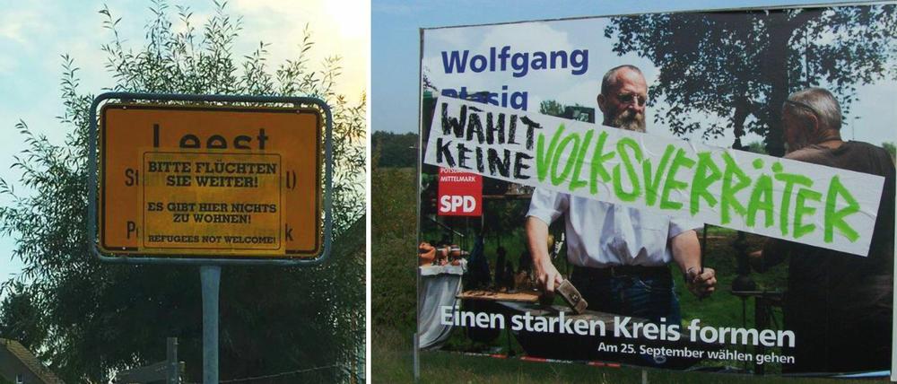 Unbekannte verschandelten Ortseingangsschilder in mehreren Teilen Brandenburgs und Wahlplakate für die Landratswahl in Potsdam-Mittelmark.