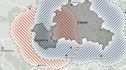 Der rote Bereich zeigt an, wie weit sich Potsdamer von der Stadtgrenze entfernen dürfen.