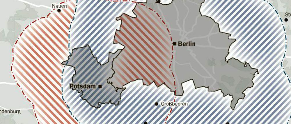 Der rote Bereich zeigt an, wie weit sich Potsdamer von der Stadtgrenze entfernen dürfen.