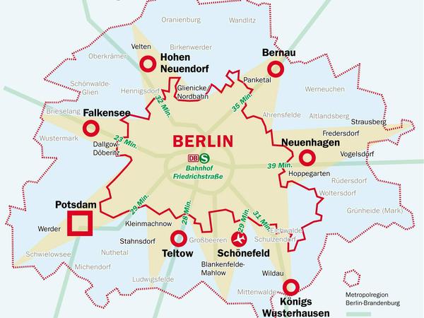 Metropolregion Berlin-Brandenburg. Zu sehen ist die Fahrzeit von den verschiedenen Kommunen zum Bahnhof Friedrichstraße. 