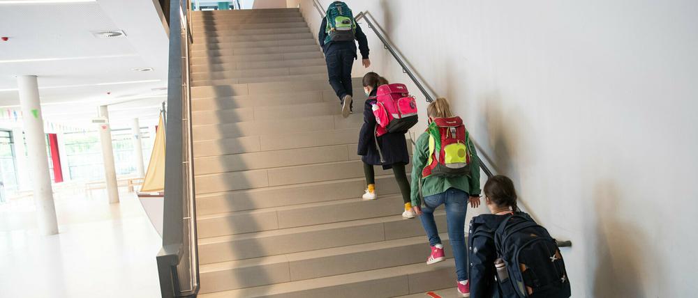 Schülerinnen und Schüler einer 4. Klasse gehen mit Abstand auf einer Treppe zu ihren Klassenräumen. 