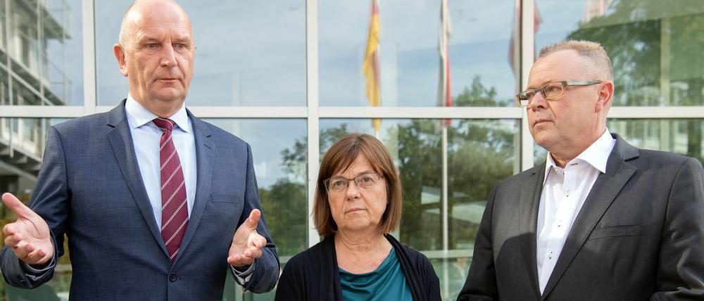 Chefverhandler. SPD-Landeschef Dietmar Woidke (l.), Grünen-Fraktionschefin Ursula Nonnemacher und der kommissarische CDU-Vorsitzende Michael Stübgen.