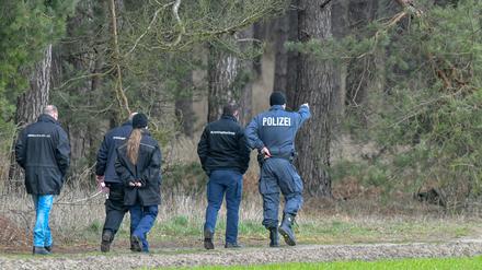 Kriminaltechniker und Beamte der Kriminalpolizei gehen am Dienstag während der Suche nach der vermissten Rebecca an einem Waldgebiet im Landkreis Oder-Spree entlang. 