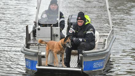 Im März suchte die Polizei mit einem Spürhund auf dem Storkower Kanal in Brandenburg nach der vermissten Rebecca. 