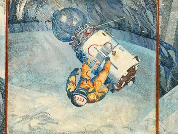 [ -&gt; Zum Vergrößern auf das Blick klicken] Ausschnitt aus "Der Mensch bezwingt den Kosmos" von Fritz Eisel: Die Original-Entwurfstafeln für den Kosmonauten sind 30 x 30 cm groß, Hartfaser auf Holzrahmen. Die Mosaikstruktur anzudeuten, "war eine Puzzlearbeit", berichtete Jörn Kalkbrenner gegenüber den PNN.
