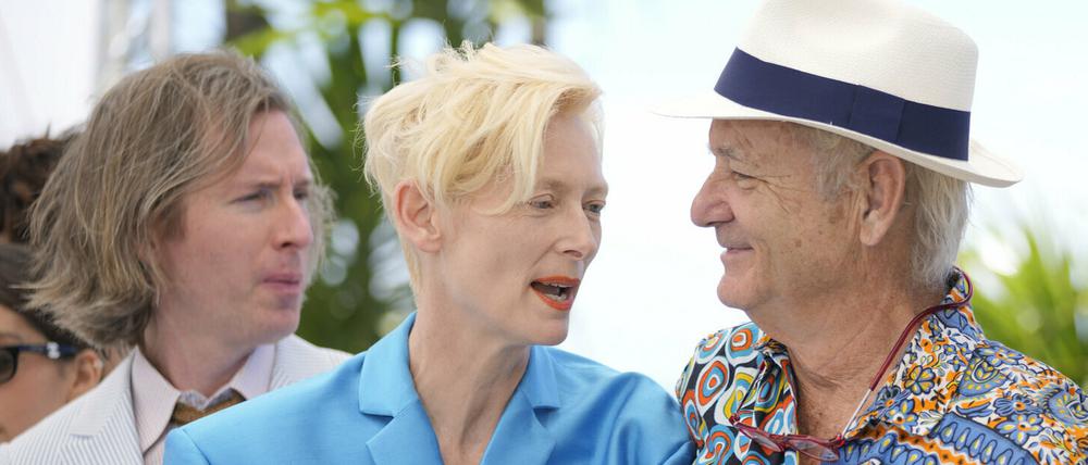 Regisseur Wes Anderson (l.) mit Tilda Swinton und Bill Murray im Juli bei den Filmfestspielen in Cannes.