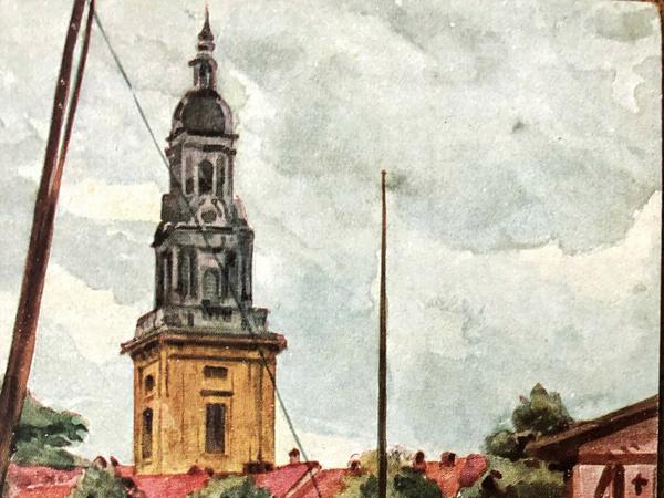 Coloriertes Aquarell von Vally Wolffenstein: Potsdam und der Turm der Heilig-Geist-Kirche.