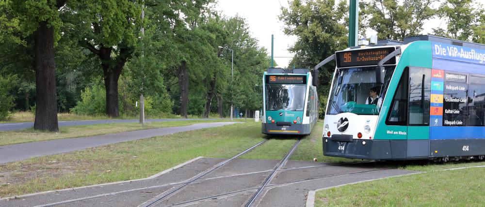 Noch wendet die Tram 96 am Campus Jungfernsee, ab 2029 soll sie von dort nach Krampnitz und Neu Fahrland fahren. 