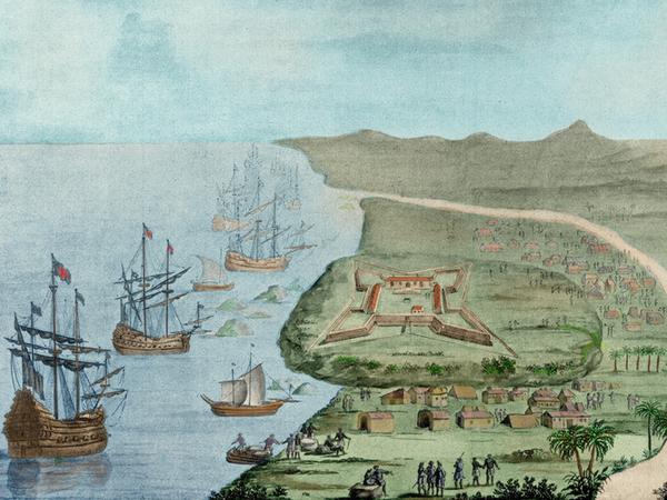 Groß-Friedrichsburg, der Hauptort der brandenburgischen Kolonie an der Guinea-Küste, auf einer Zeichnung von 1688.