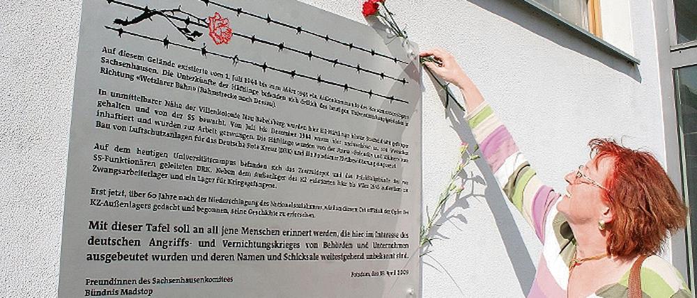 Blumen zur Erinnerung. Eine Gedenktafel für Zwangsarbeiter wurde gestern an der Universitätsbibliothek auf dem Campus Griebnitzsee enthüllt. Etwa 100 Häftlinge sollen hier zwischen Juli 1944 und März 1945 zur Zwangsarbeit verpflichtet worden sein.