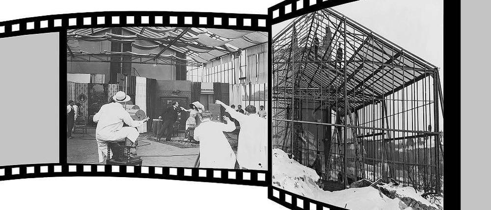 Hinter Glas. Im Februar 1912 steht Stummfilmstar Asta Nielsen in der Stahnsdorfer Straße vor der Kamera  Der Totentanz ist der erste Babelsberg-Film, Regie führt Urban Gad (links, mit Hut). Das Glasatelier hatte die Deutsche Bioscop im Winter 1911/1912 errichten lassen (rechts).