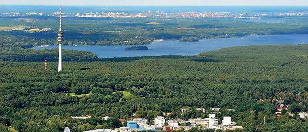 Forschung im Wald. Das Areal des Helmholtz-Zentrums aus der Luft gesehen. Es liegt im Düppeler Forst zwischen Havel (hinten) und Griebnitzsee.