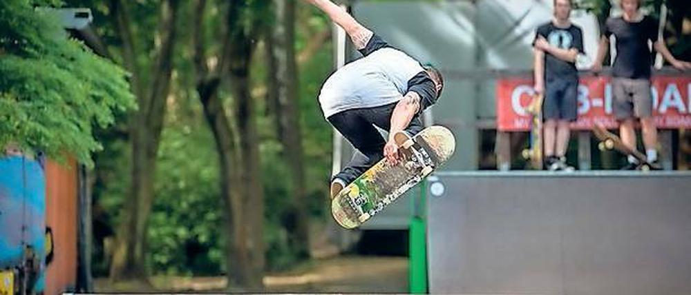 Zuschauen ist auch schön. Ein Skateboarder im Lindenpark.