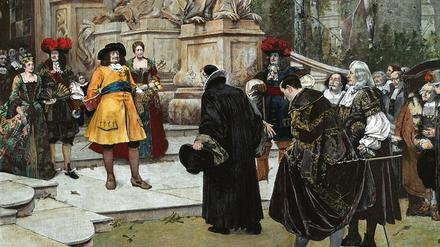 Willkommen. Der Große Kurfürst empfängt nach dem Edikt von Potsdam aus Frankreich geflüchtete Hugenotten im Potsdamer Stadtschloss. Holzstich von Hugo Vogel nach einem Gemälde.
