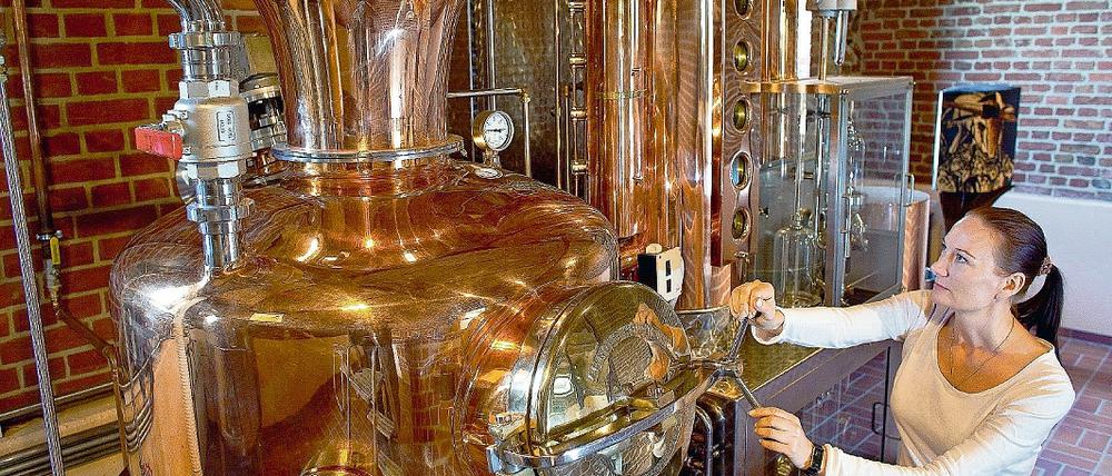 Preußische Whiskydestillerie. Cornelia Bohn steht in ihrer Whisky-Brennerei in Schönermark an einer Destillieranlage. Die 44-jährige Pharmazieingenieurin will einen eigenen Malt auf den Markt bringen.