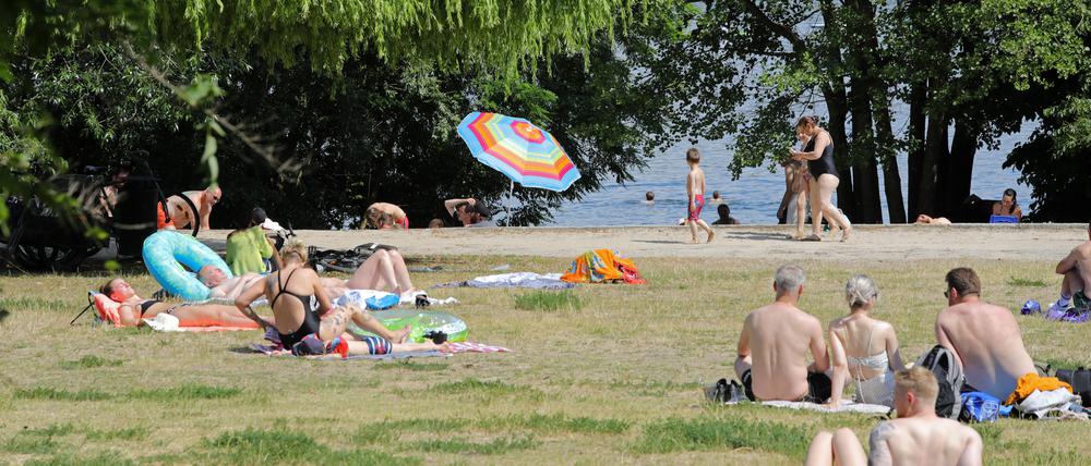 Die inoffizielle Badestelle am Groß Glienicker See in Potsdam ist bei schönem Sommerwetter gut besucht.