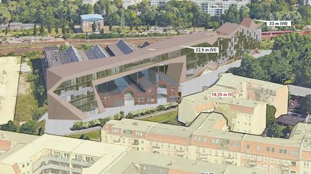 Eine Luftbild-Visualisierung der Pläne für das "The RAW Potsdam"-Digitalzentrum am Hauptbahnhof.