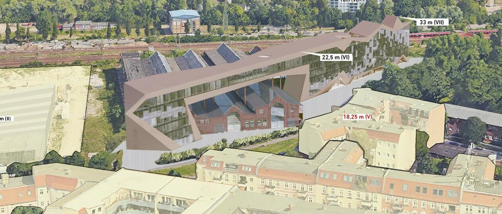 Eine Luftbild-Visualisierung der Pläne für das "The RAW Potsdam"-Digitalzentrum am Hauptbahnhof.