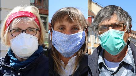 Maskentypen v.l.: Atemschutzmaske mit Virenfilter aus der Apotheke, Selbstgenähte Schutzmaske (Behelfsmaske, Community Mask) und Mund-Nasen-Schutz, dient vor allem dem Schutz von Mitmenschen.