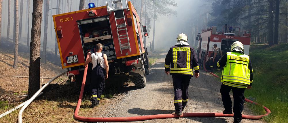 Einsatzkräfte der Feuerwehr löschen einen Brand im Wald bei Limsdorf, einem Ortsteil von Storkow.