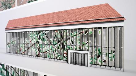 Verpixelt. Die ehemalige Orangerie am Neuen Palais wird in moderner Anmutung wiederentstehen. Die 30 Meter breite und sieben Meter hohe Glasfassade hat die Künstlerin Eva Leitolf gestaltet.