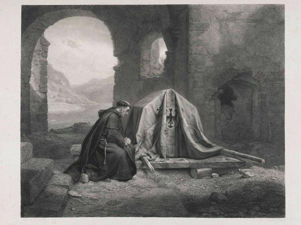 Kupferstich nach dem Gemälde „Ein betender Mönch am Sarge Kaiser Heinrichs IV.“ von Carl Friedrich Lessing aus dem Jahr 1865.