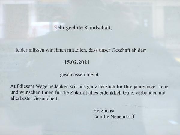 Mitte Februar ist Schluss: Die Fleischerei Neuendorff schließt ihr Geschäft am 15. Februar 2021.