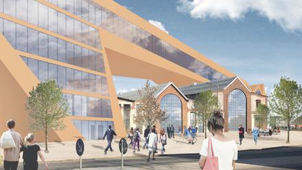 So soll das neue Innovationszentrum in Potsdam einmal aussehen – hier der Blick von der Friedrich-Engels-Straße.