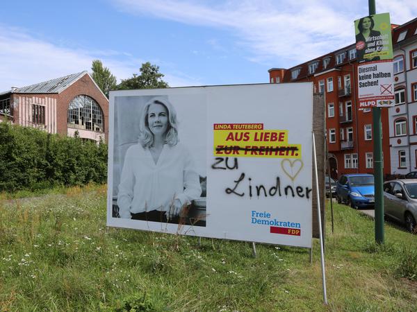 Viele FDP-Großplakate in Potsdam wurden mit neuen Botschaften beschmiert