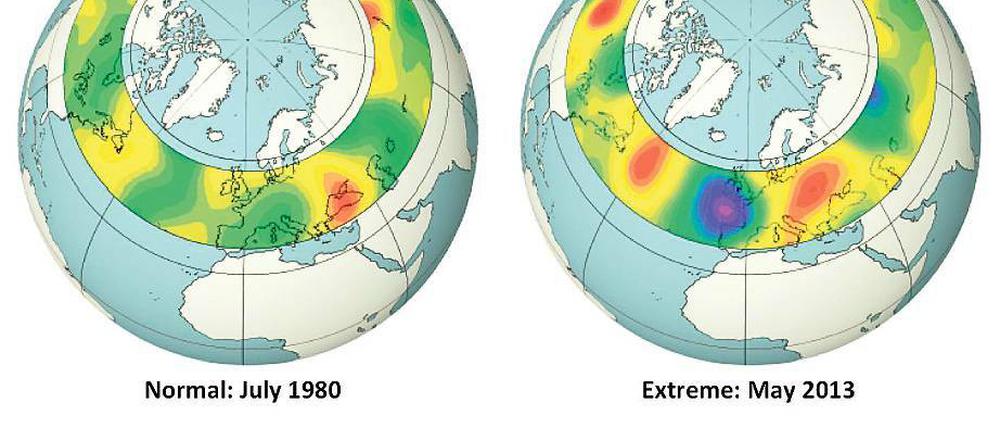 Umwälzungen. Der Klimawandel beschleunigt die Luftmassen nach Süden (rot) wie gen Norden (blau).